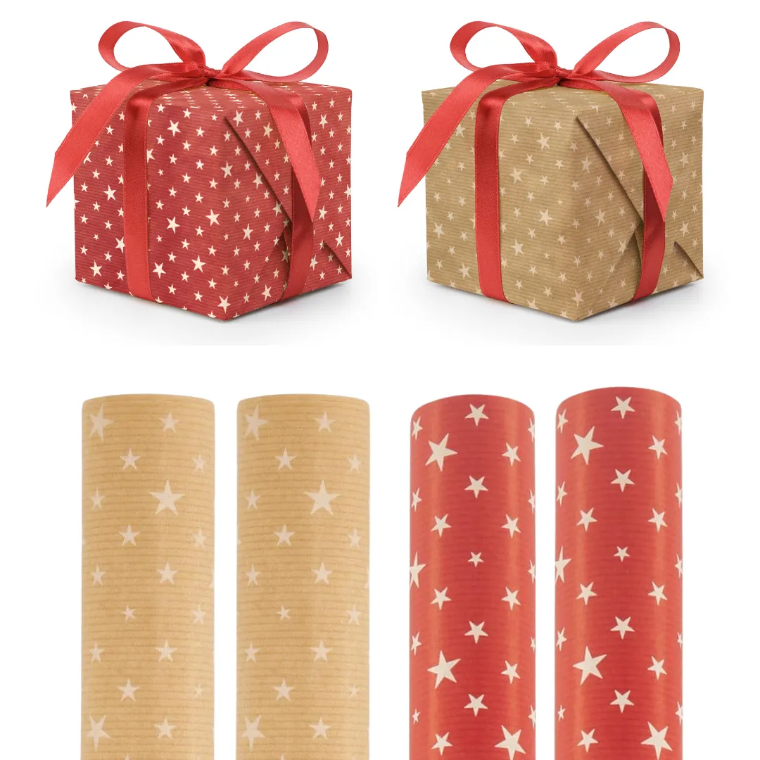 Wrapping Paper - Red or Natural Stars Kraft Gift Wrap - Singles or 4 Pack - 2m Roll